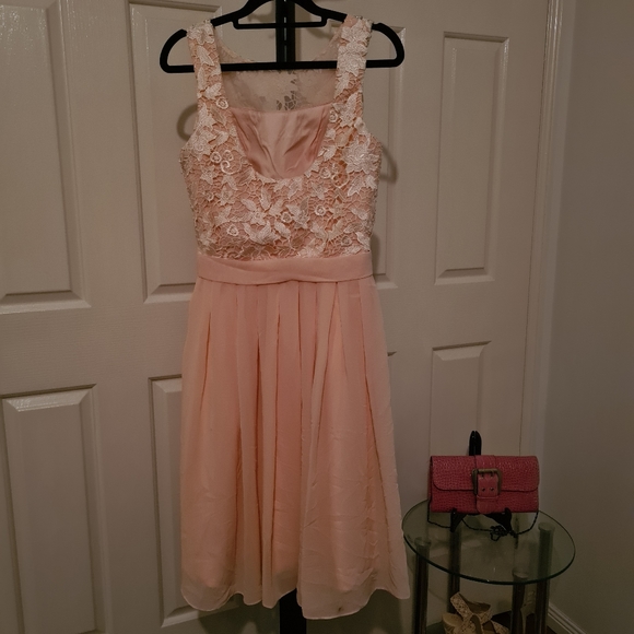 FORHER ANDFORHIM 8 Peach Embroidered Floral Lace Chest Formal Maxi Midi Dress - Picture 3 of 9